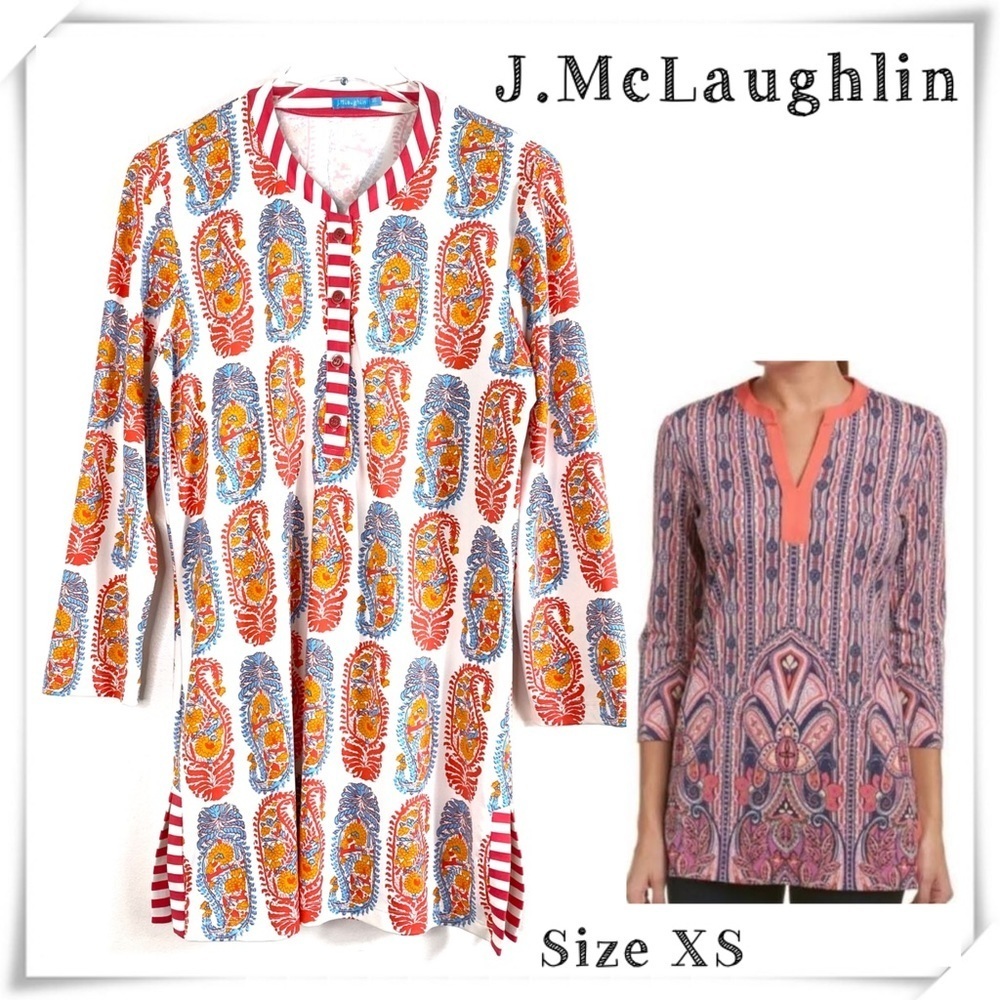 J. Mclaughlin Paisley Catalina Boca Tunic Top in White with Orange Size XS